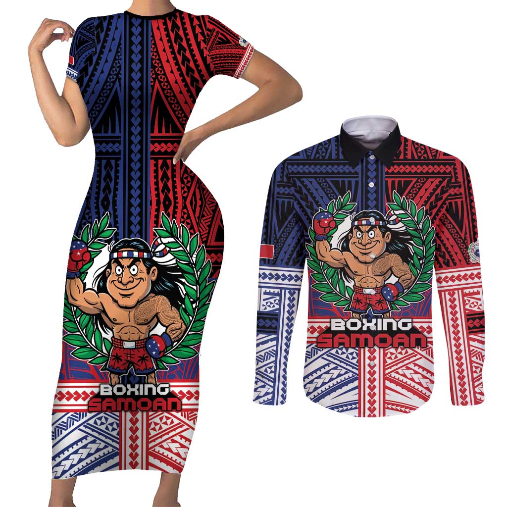 Personalised Samoa Boxing Couples Matching Short Sleeve Bodycon Dress and Long Sleeve Button Shirt Samoan Boxer Funny Style - Polynesian Pride