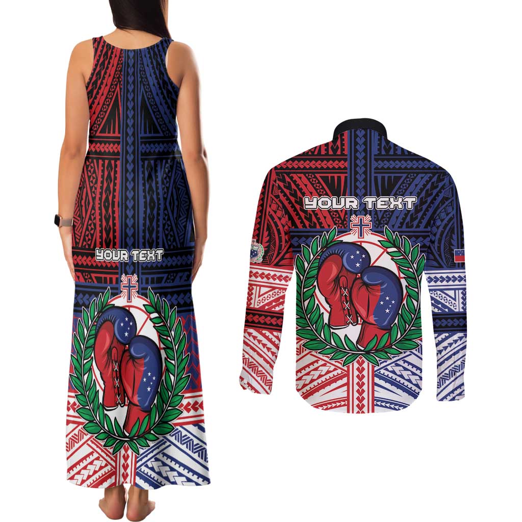 Personalised Samoa Boxing Couples Matching Tank Maxi Dress and Long Sleeve Button Shirt Samoan Boxer Funny Style - Polynesian Pride