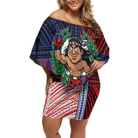 Personalised Samoa Boxing Off Shoulder Short Dress Samoan Boxer Funny Style DT05 Women Red - Polynesian Pride
