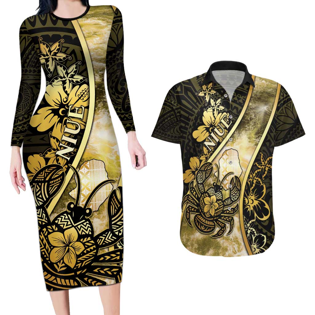Personalised Niue Couples Matching Long Sleeve Bodycon Dress and Hawaiian Shirt Niuean Crab Waves Style DT05 Gold - Polynesian Pride