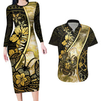 Personalised Niue Couples Matching Long Sleeve Bodycon Dress and Hawaiian Shirt Niuean Crab Waves Style DT05 Gold - Polynesian Pride