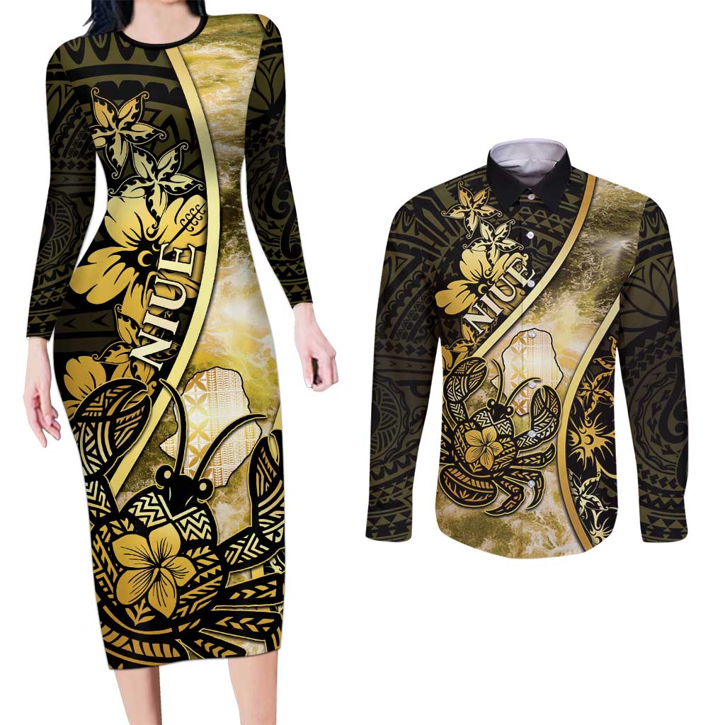 Personalised Niue Couples Matching Long Sleeve Bodycon Dress and Long Sleeve Button Shirt Niuean Crab Waves Style DT05 Gold - Polynesian Pride