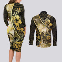 Personalised Niue Couples Matching Long Sleeve Bodycon Dress and Long Sleeve Button Shirt Niuean Crab Waves Style DT05 - Polynesian Pride