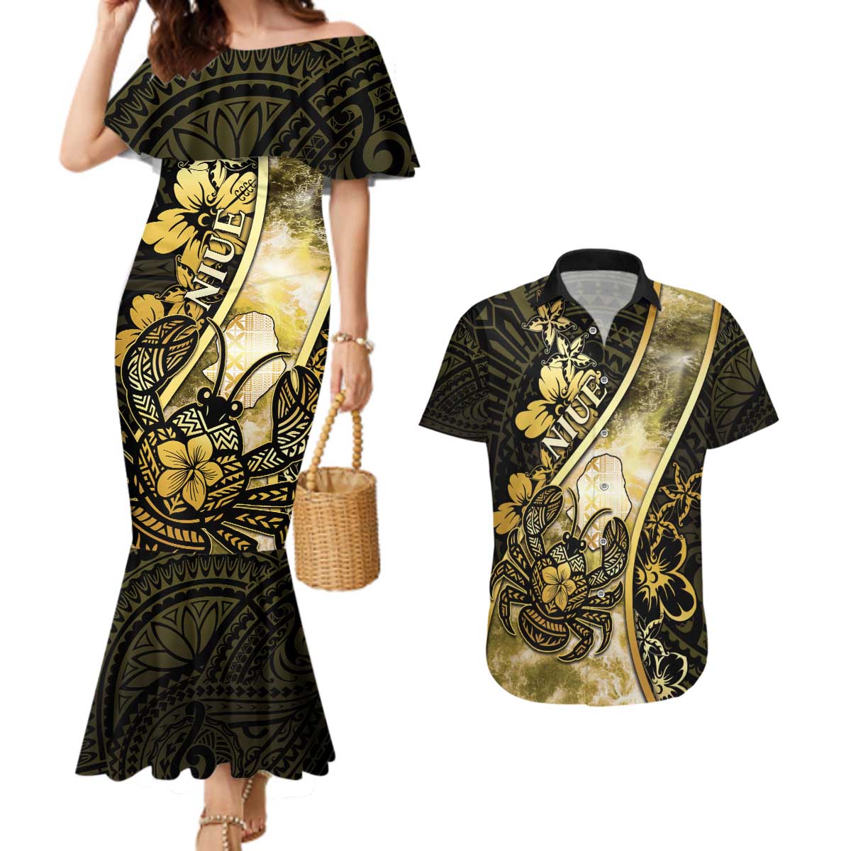 Personalised Niue Couples Matching Mermaid Dress and Hawaiian Shirt Niuean Crab Waves Style DT05 Gold - Polynesian Pride