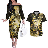 Personalised Niue Couples Matching Off The Shoulder Long Sleeve Dress and Hawaiian Shirt Niuean Crab Waves Style DT05 Gold - Polynesian Pride