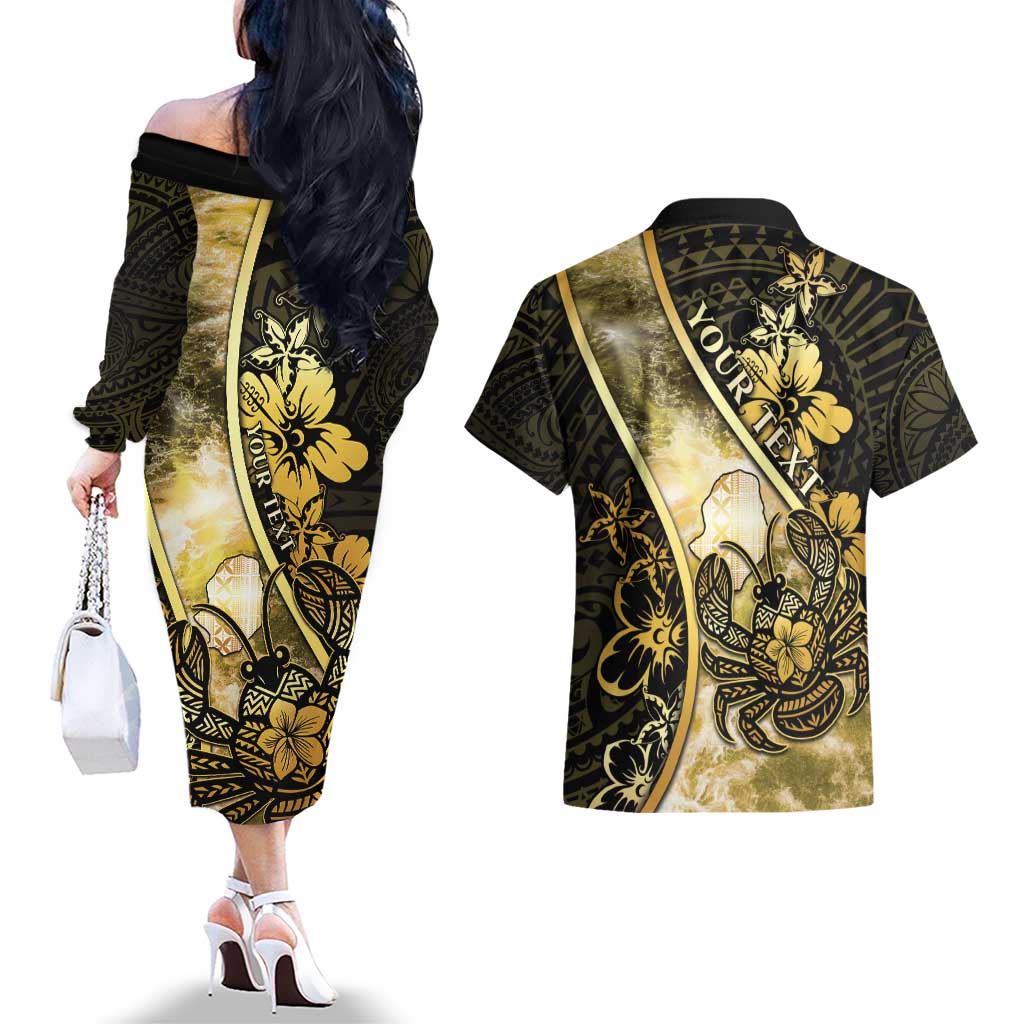 Personalised Niue Couples Matching Off The Shoulder Long Sleeve Dress and Hawaiian Shirt Niuean Crab Waves Style DT05 - Polynesian Pride
