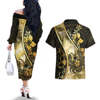 Personalised Niue Couples Matching Off The Shoulder Long Sleeve Dress and Hawaiian Shirt Niuean Crab Waves Style DT05 - Polynesian Pride