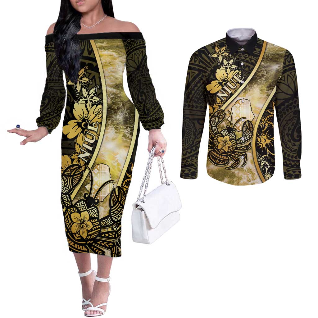 Personalised Niue Couples Matching Off The Shoulder Long Sleeve Dress and Long Sleeve Button Shirt Niuean Crab Waves Style DT05 Gold - Polynesian Pride