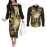 Personalised Niue Couples Matching Off The Shoulder Long Sleeve Dress and Long Sleeve Button Shirt Niuean Crab Waves Style DT05 Gold - Polynesian Pride