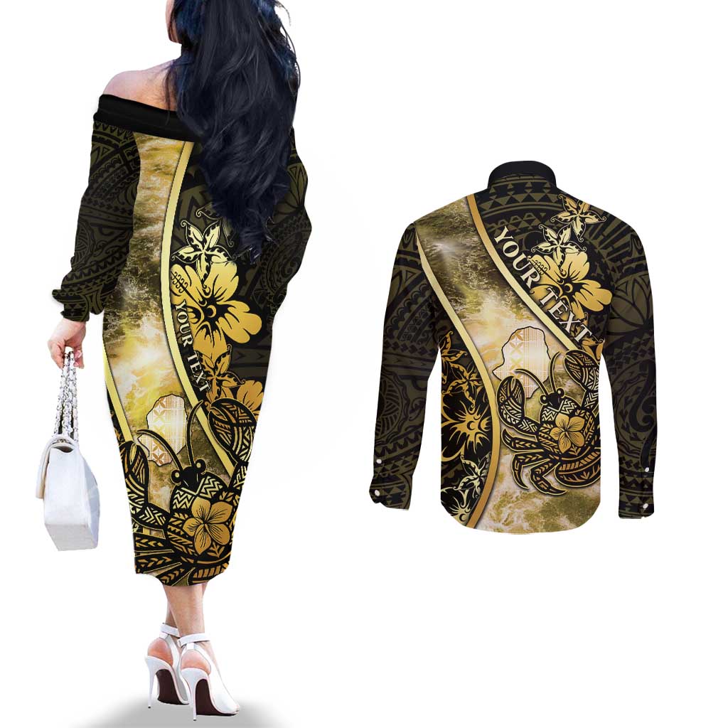 Personalised Niue Couples Matching Off The Shoulder Long Sleeve Dress and Long Sleeve Button Shirt Niuean Crab Waves Style DT05 - Polynesian Pride