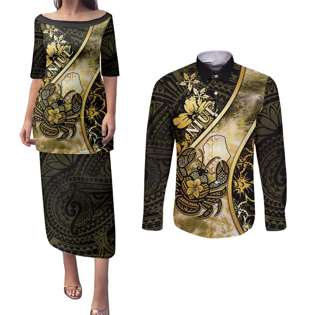 Personalised Niue Couples Matching Puletasi and Long Sleeve Button Shirt Niuean Crab Waves Style DT05 Gold - Polynesian Pride
