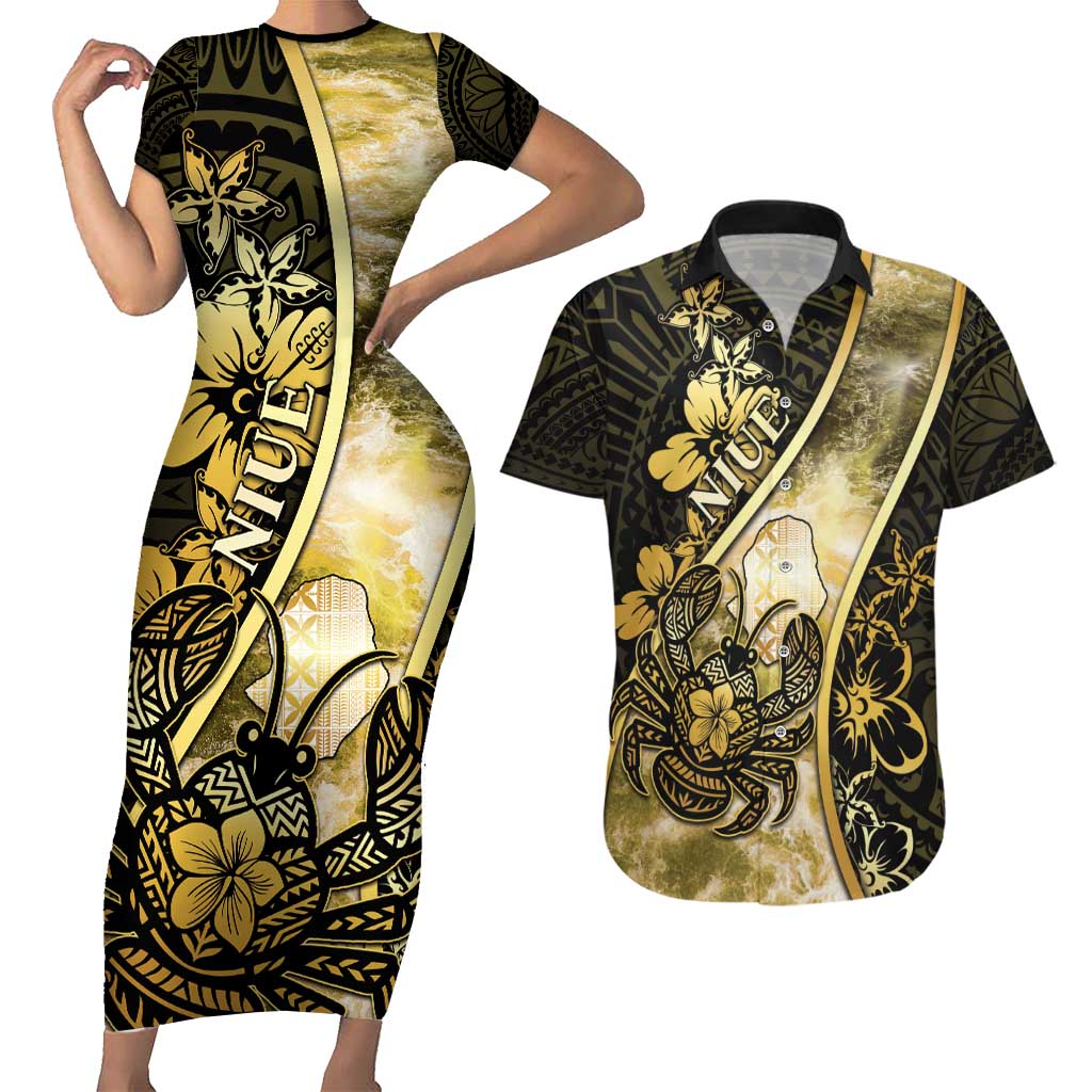 Personalised Niue Couples Matching Short Sleeve Bodycon Dress and Hawaiian Shirt Niuean Crab Waves Style DT05 Gold - Polynesian Pride