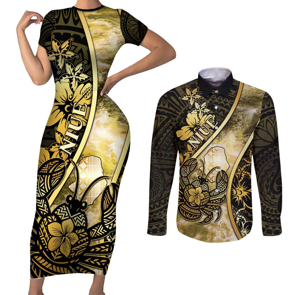 Personalised Niue Couples Matching Short Sleeve Bodycon Dress and Long Sleeve Button Shirt Niuean Crab Waves Style DT05 Gold - Polynesian Pride