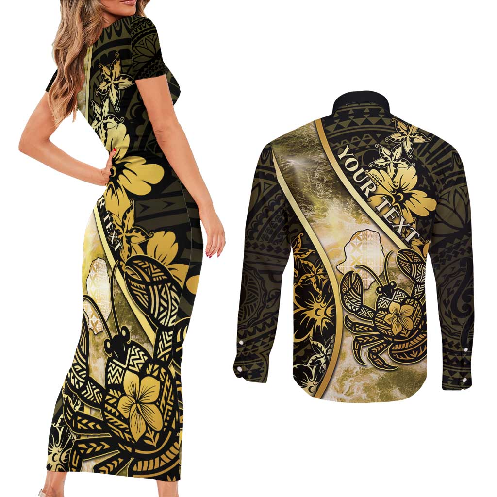 Personalised Niue Couples Matching Short Sleeve Bodycon Dress and Long Sleeve Button Shirt Niuean Crab Waves Style DT05 - Polynesian Pride