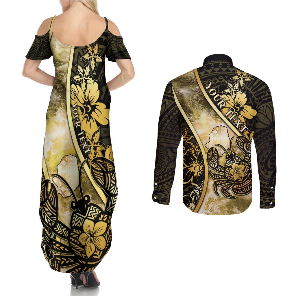Personalised Niue Couples Matching Summer Maxi Dress and Long Sleeve Button Shirt Niuean Crab Waves Style