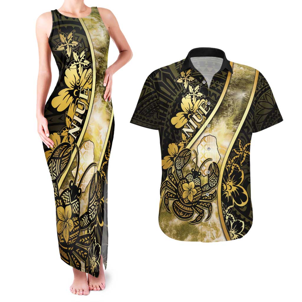 Personalised Niue Couples Matching Tank Maxi Dress and Hawaiian Shirt Niuean Crab Waves Style DT05 Gold - Polynesian Pride