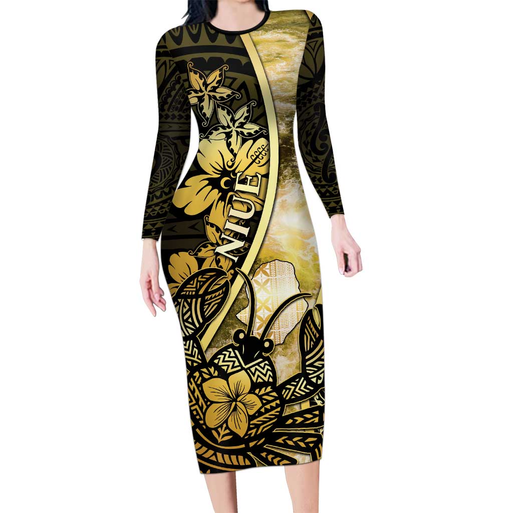 Personalised Niue Family Matching Long Sleeve Bodycon Dress and Hawaiian Shirt Niuean Crab Waves Style DT05 Mom's Dress Gold - Polynesian Pride