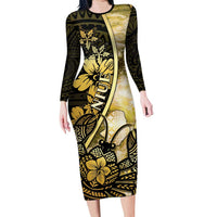 Personalised Niue Family Matching Long Sleeve Bodycon Dress and Hawaiian Shirt Niuean Crab Waves Style DT05 Mom's Dress Gold - Polynesian Pride
