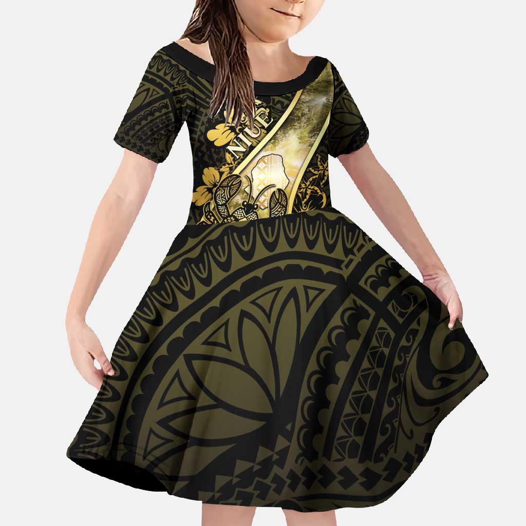 Personalised Niue Family Matching Mermaid Dress and Hawaiian Shirt Niuean Crab Waves Style DT05 Daughter's Dress Gold - Polynesian Pride