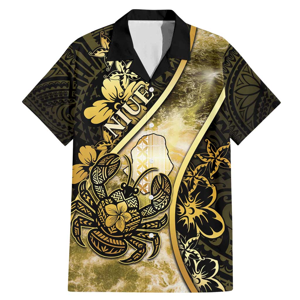 Personalised Niue Family Matching Mermaid Dress and Hawaiian Shirt Niuean Crab Waves Style DT05 Dad's Shirt - Short Sleeve Gold - Polynesian Pride