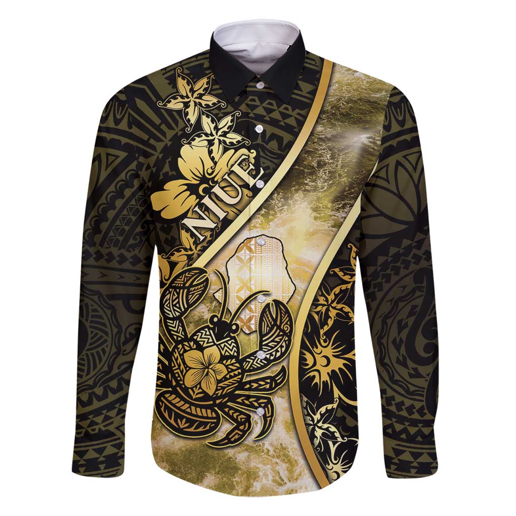 Personalised Niue Family Matching Mermaid Dress and Hawaiian Shirt Niuean Crab Waves Style DT05 Dad's Shirt - Long Sleeve Gold - Polynesian Pride