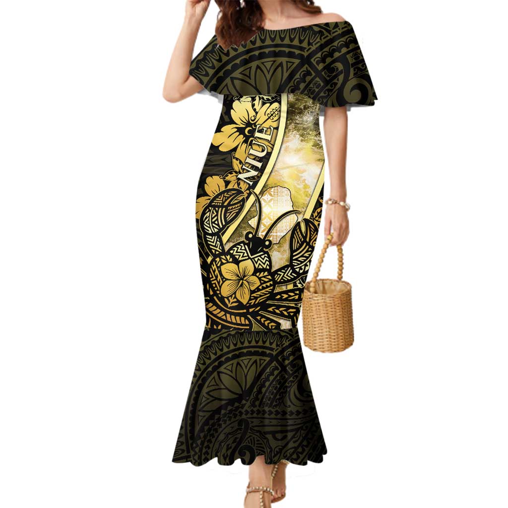Personalised Niue Family Matching Mermaid Dress and Hawaiian Shirt Niuean Crab Waves Style DT05 Mom's Dress Gold - Polynesian Pride