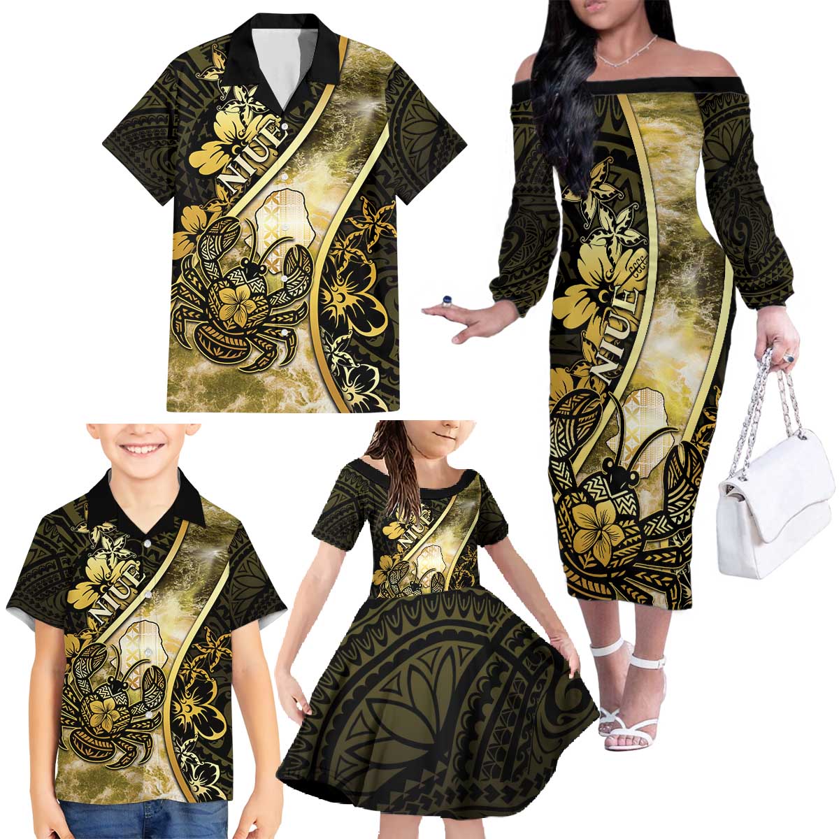 Personalised Niue Family Matching Off The Shoulder Long Sleeve Dress and Hawaiian Shirt Niuean Crab Waves Style DT05 - Polynesian Pride