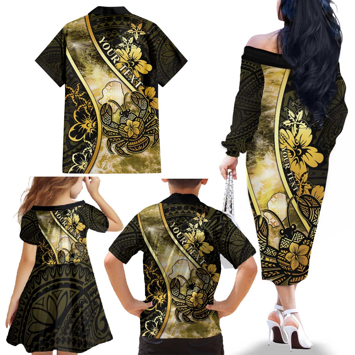 Personalised Niue Family Matching Off The Shoulder Long Sleeve Dress and Hawaiian Shirt Niuean Crab Waves Style DT05 - Polynesian Pride