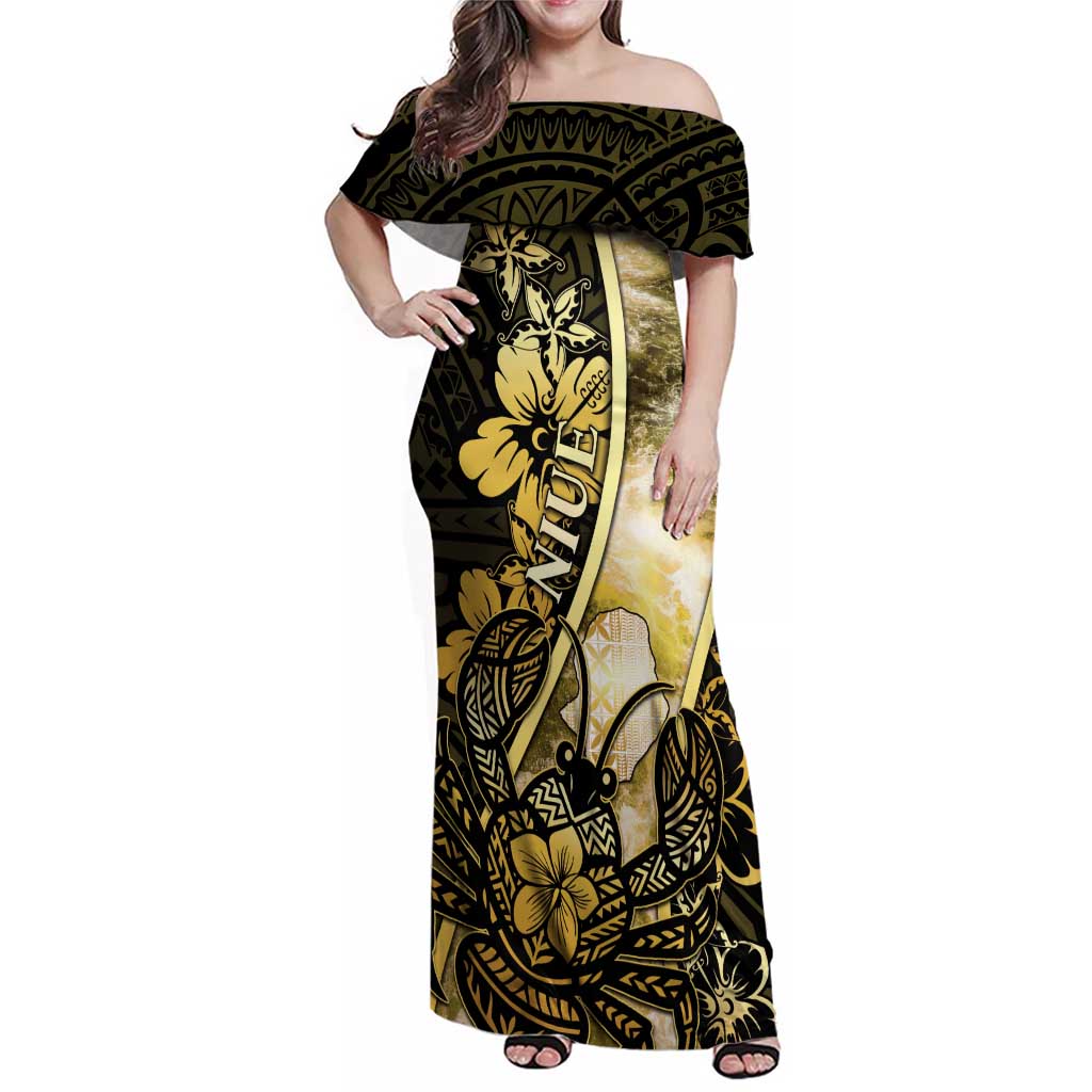 Personalised Niue Family Matching Off Shoulder Maxi Dress and Hawaiian Shirt Niuean Crab Waves Style DT05 Mom's Dress Gold - Polynesian Pride
