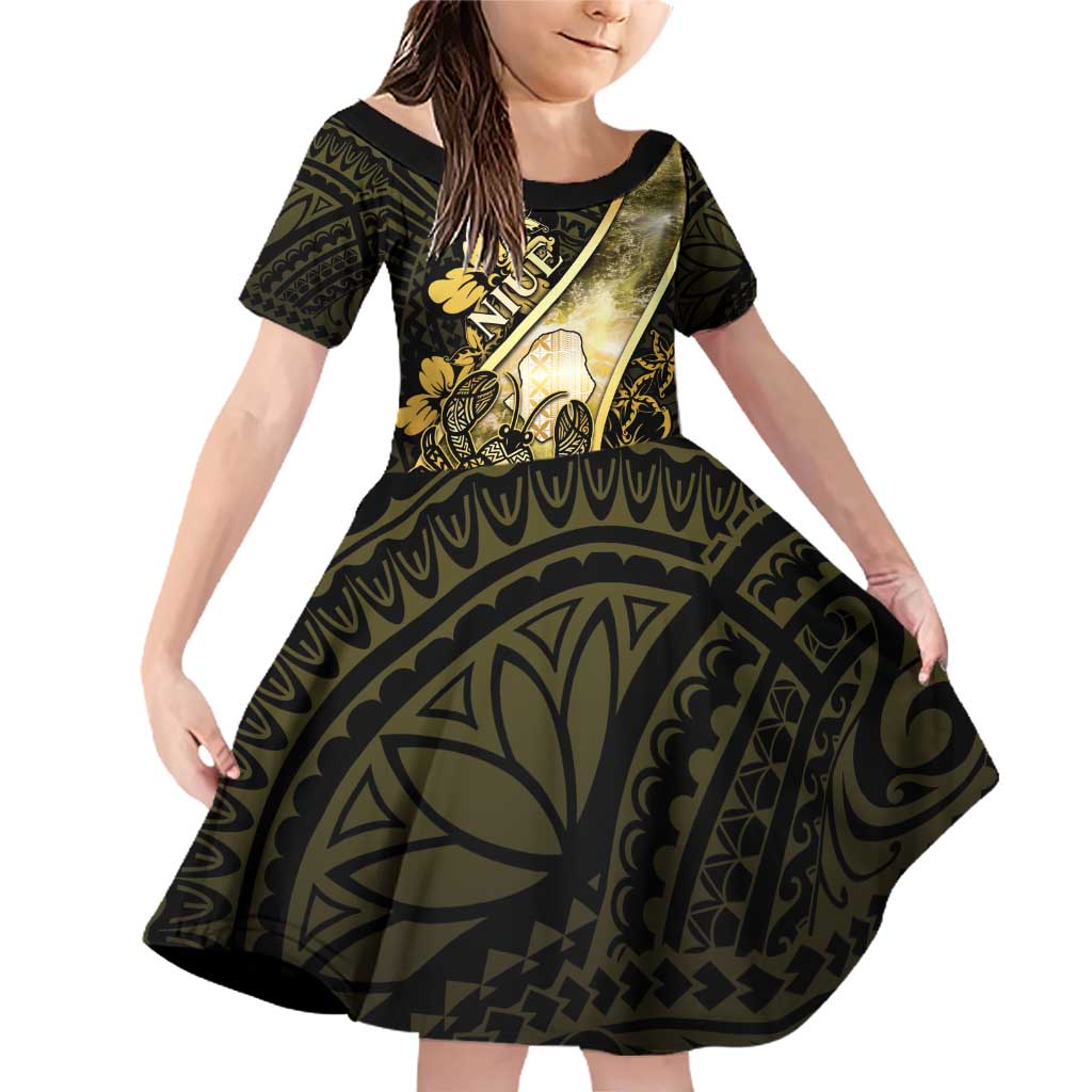 Personalised Niue Family Matching Off Shoulder Short Dress and Hawaiian Shirt Niuean Crab Waves Style DT05 Daughter's Dress Gold - Polynesian Pride