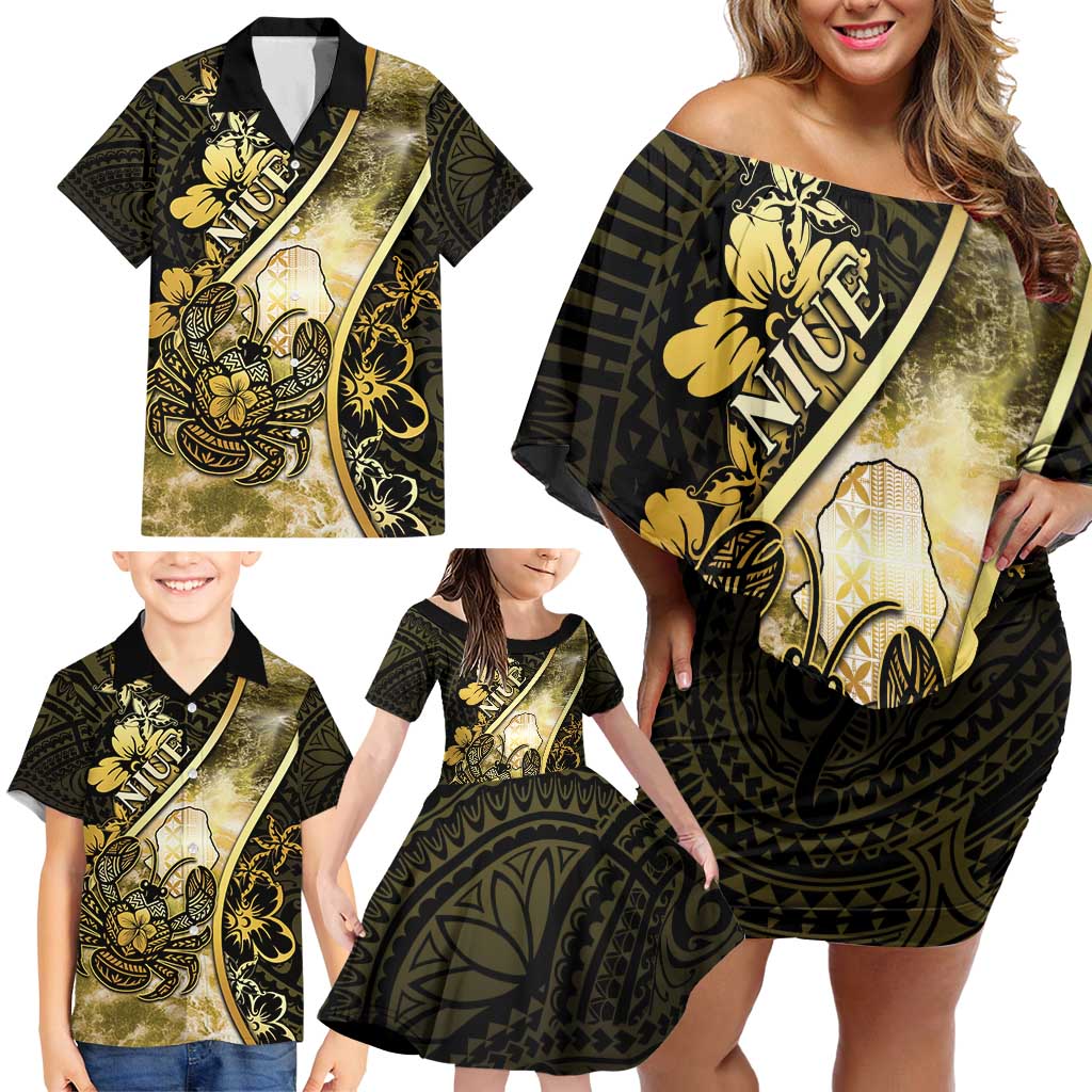 Personalised Niue Family Matching Off Shoulder Short Dress and Hawaiian Shirt Niuean Crab Waves Style DT05 - Polynesian Pride