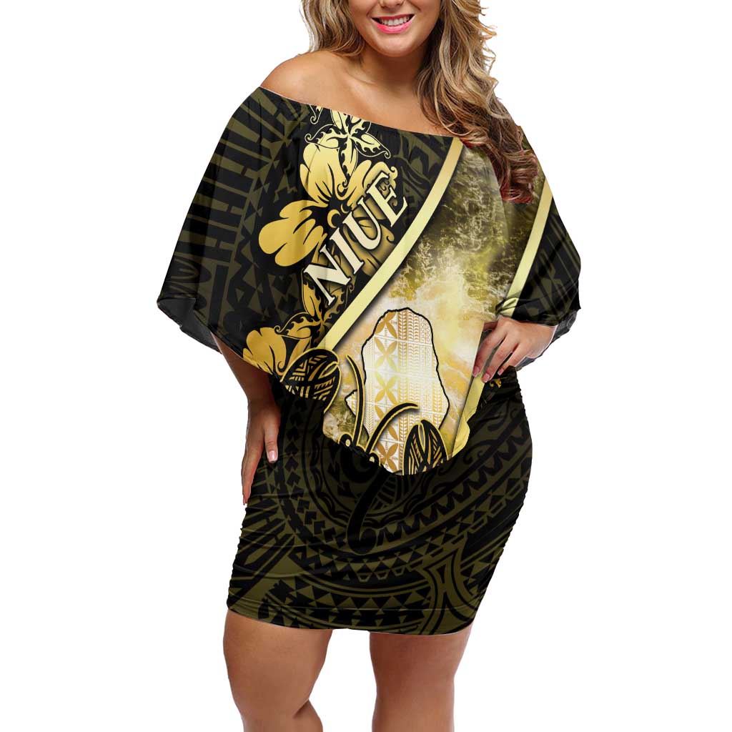 Personalised Niue Family Matching Off Shoulder Short Dress and Hawaiian Shirt Niuean Crab Waves Style DT05 Mom's Dress Gold - Polynesian Pride