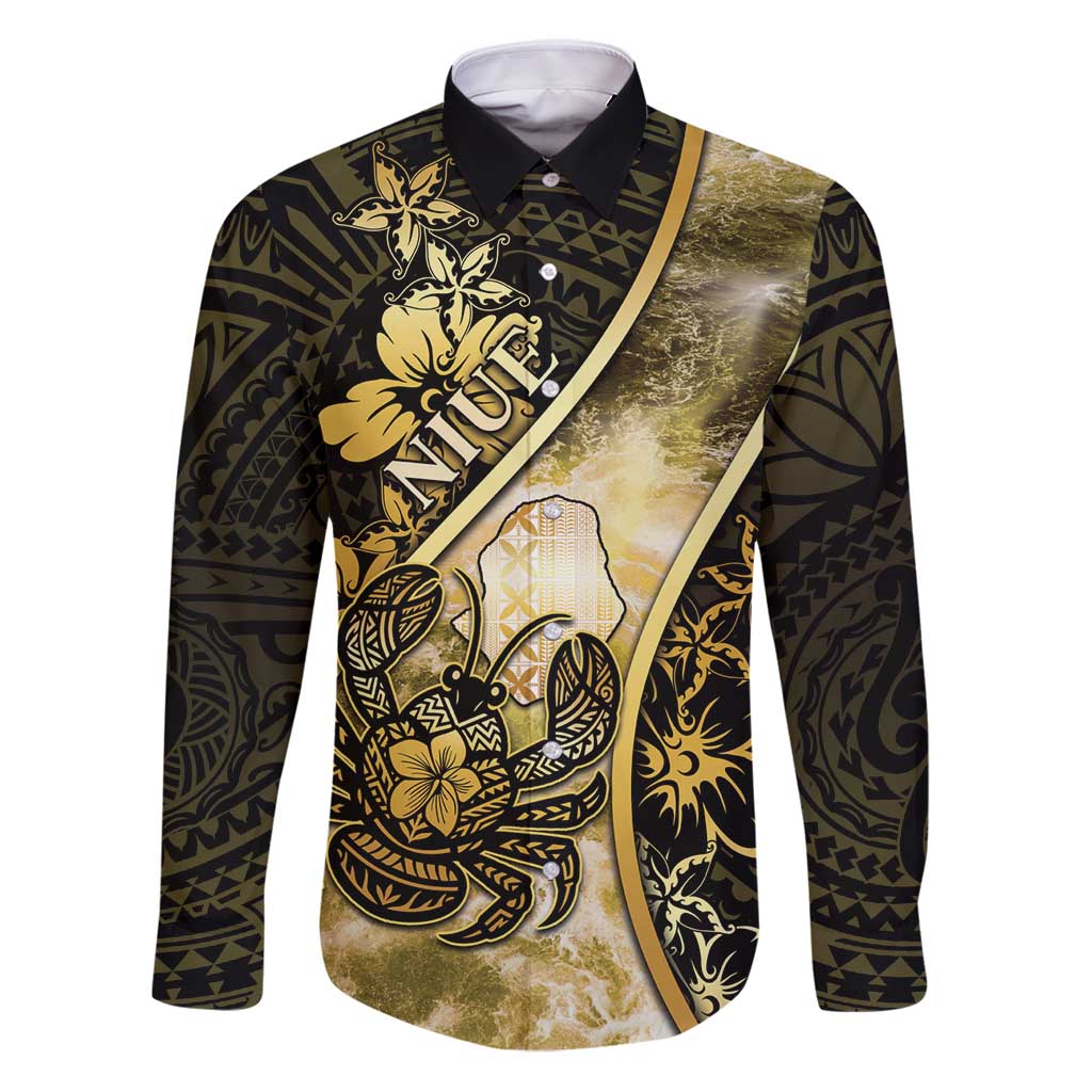 Personalised Niue Family Matching Puletasi and Hawaiian Shirt Niuean Crab Waves Style DT05 Dad's Shirt - Long Sleeve Gold - Polynesian Pride