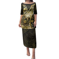 Personalised Niue Family Matching Puletasi and Hawaiian Shirt Niuean Crab Waves Style DT05 Mom's Dress Gold - Polynesian Pride