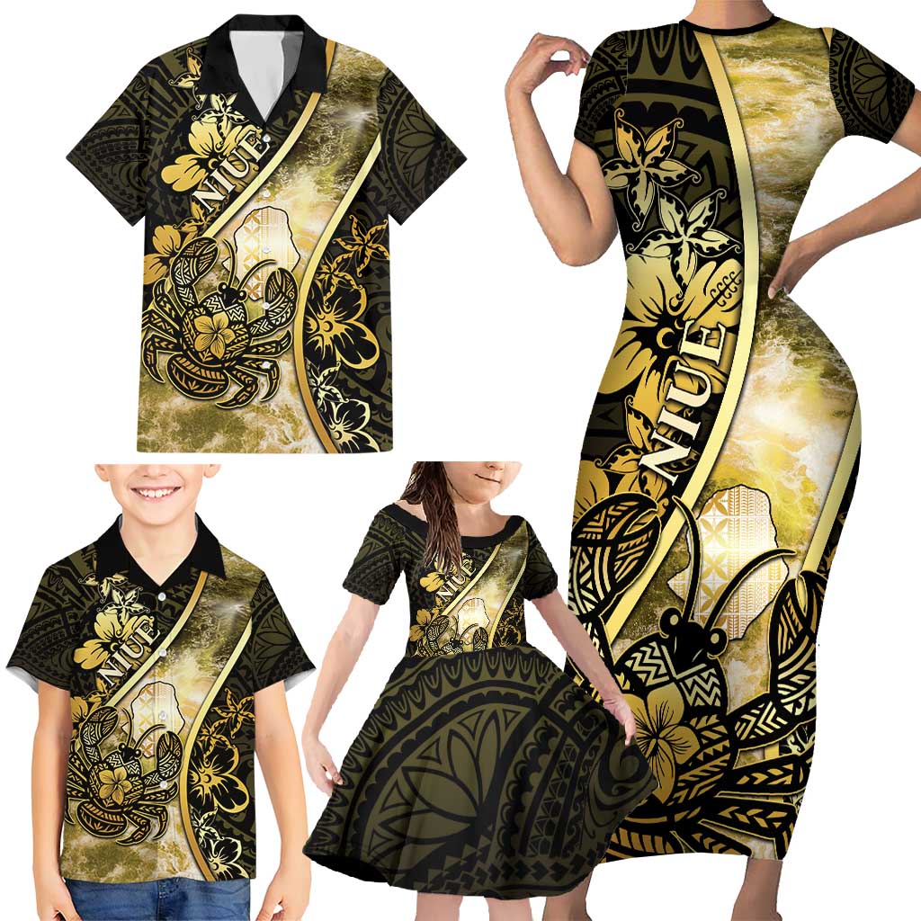 Personalised Niue Family Matching Short Sleeve Bodycon Dress and Hawaiian Shirt Niuean Crab Waves Style DT05 - Polynesian Pride