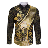 Personalised Niue Family Matching Short Sleeve Bodycon Dress and Hawaiian Shirt Niuean Crab Waves Style DT05 Dad's Shirt - Long Sleeve Gold - Polynesian Pride