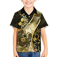 Personalised Niue Family Matching Short Sleeve Bodycon Dress and Hawaiian Shirt Niuean Crab Waves Style DT05 Son's Shirt Gold - Polynesian Pride