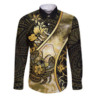 Personalised Niue Family Matching Tank Maxi Dress and Hawaiian Shirt Niuean Crab Waves Style DT05 Dad's Shirt - Long Sleeve Gold - Polynesian Pride