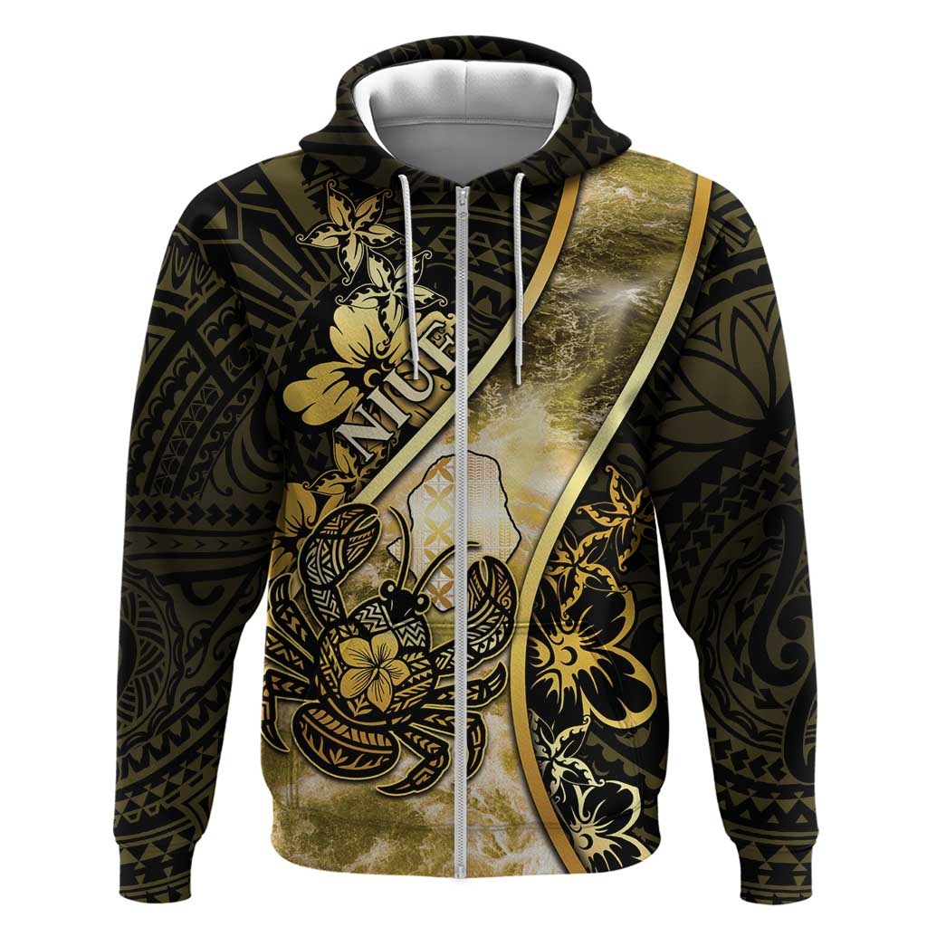 Personalised Niue Zip Hoodie Niuean Crab Waves Style DT05 Zip Hoodie Gold - Polynesian Pride