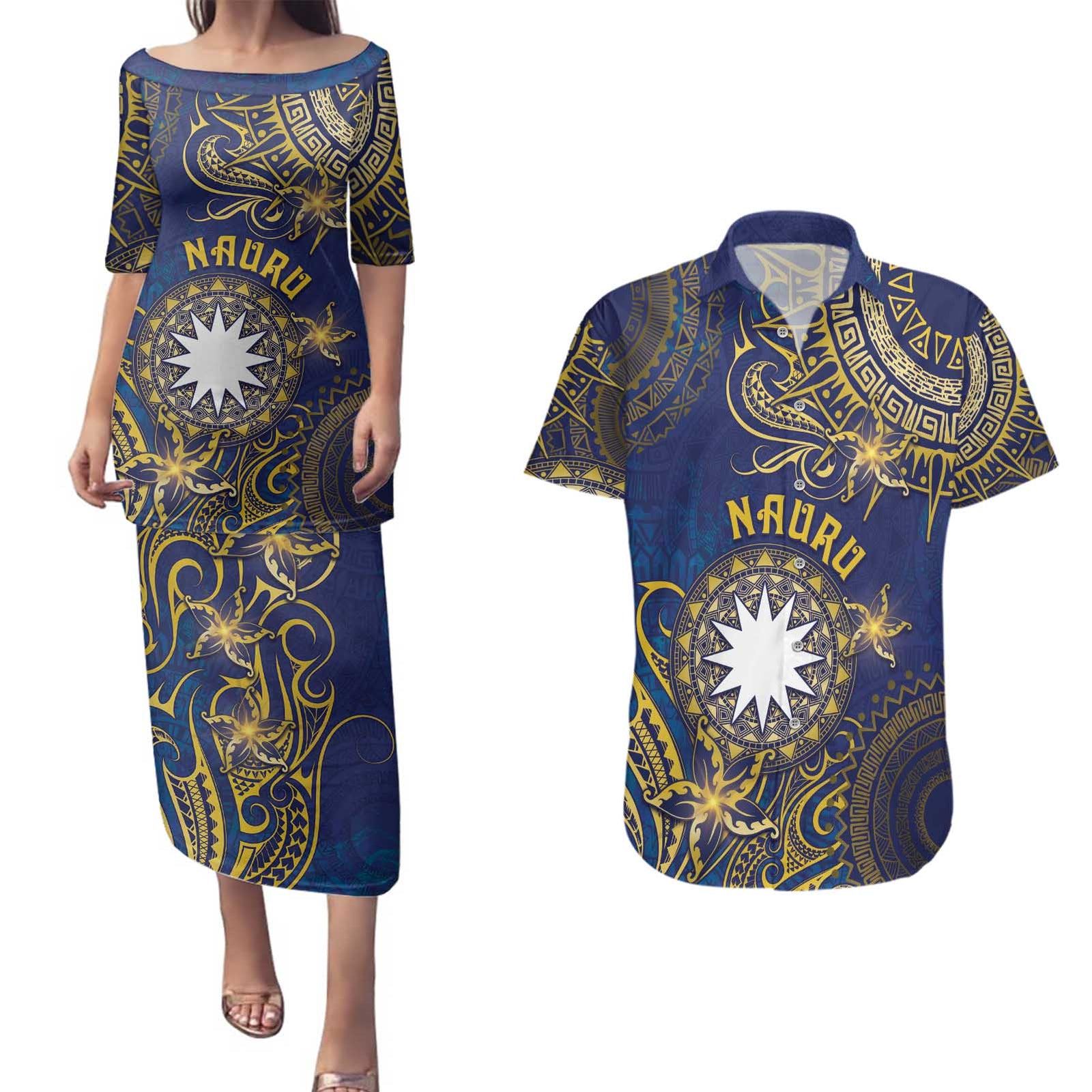 Personalised Nauru Couples Matching Puletasi and Hawaiian Shirt Hibiscus Polynesian Tribal Pattern