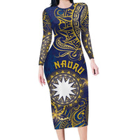 Personalised Nauru Family Matching Long Sleeve Bodycon Dress and Hawaiian Shirt Hibiscus Polynesian Tribal Pattern DT05 Mom's Dress Navy - Polynesian Pride