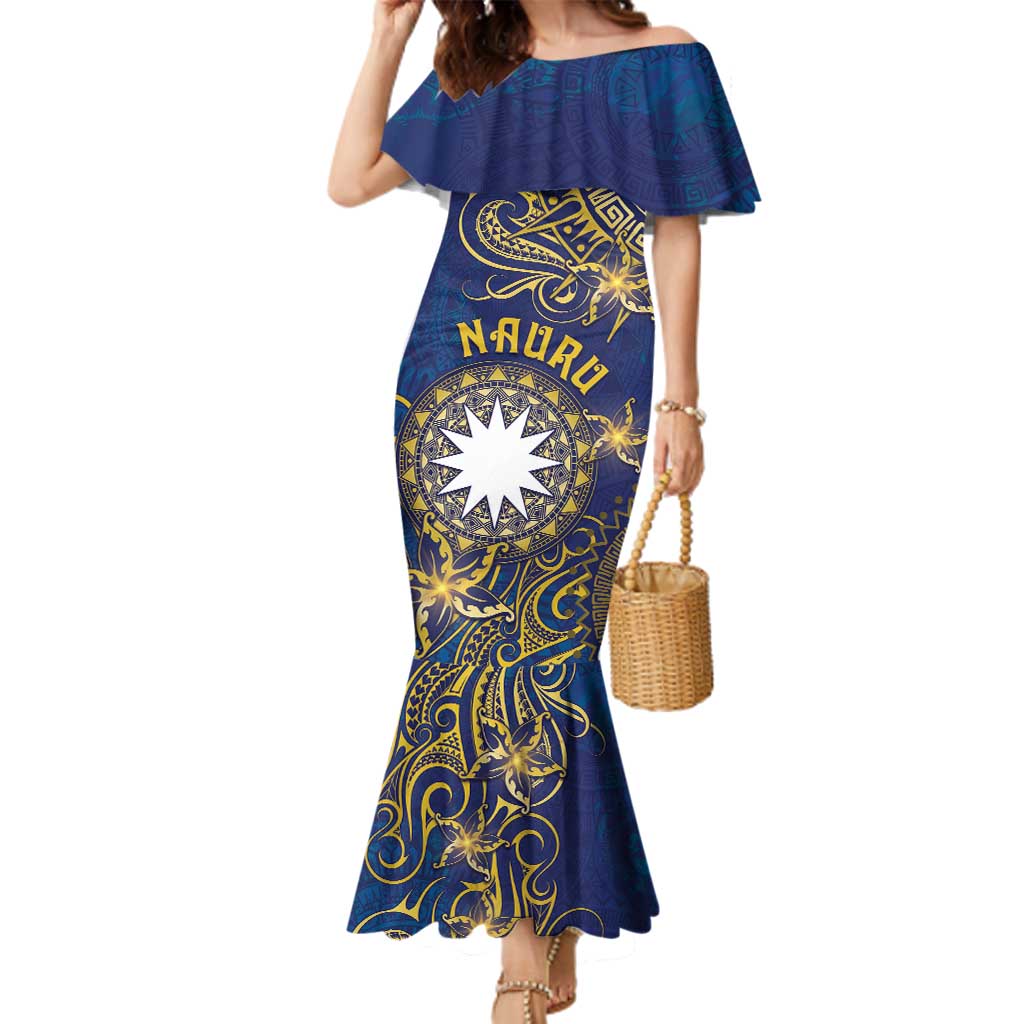 Personalised Nauru Family Matching Mermaid Dress and Hawaiian Shirt Hibiscus Polynesian Tribal Pattern DT05 Mom's Dress Navy - Polynesian Pride