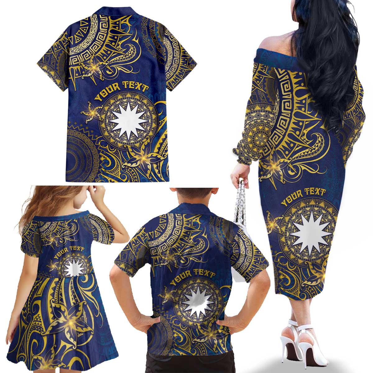 Personalised Nauru Family Matching Off The Shoulder Long Sleeve Dress and Hawaiian Shirt Hibiscus Polynesian Tribal Pattern DT05 - Polynesian Pride