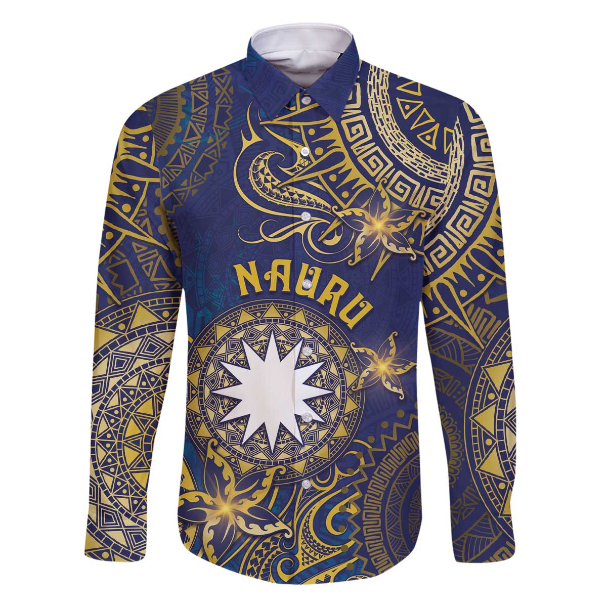 Personalised Nauru Family Matching Off The Shoulder Long Sleeve Dress and Hawaiian Shirt Hibiscus Polynesian Tribal Pattern DT05 Dad's Shirt - Long Sleeve Navy - Polynesian Pride