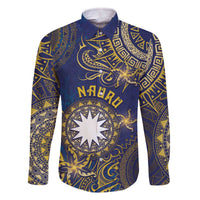Personalised Nauru Family Matching Off The Shoulder Long Sleeve Dress and Hawaiian Shirt Hibiscus Polynesian Tribal Pattern DT05 Dad's Shirt - Long Sleeve Navy - Polynesian Pride