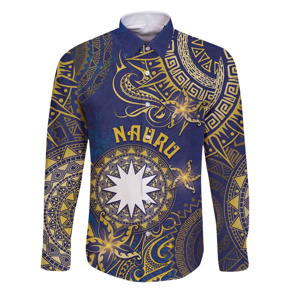 Personalised Nauru Family Matching Off Shoulder Maxi Dress and Hawaiian Shirt Hibiscus Polynesian Tribal Pattern DT05 Dad's Shirt - Long Sleeve Navy - Polynesian Pride
