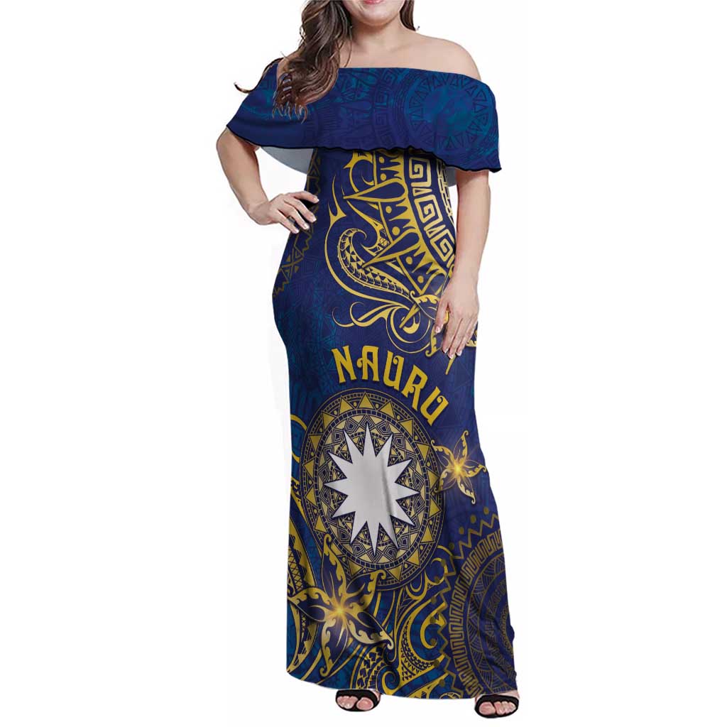 Personalised Nauru Family Matching Off Shoulder Maxi Dress and Hawaiian Shirt Hibiscus Polynesian Tribal Pattern DT05 Mom's Dress Navy - Polynesian Pride