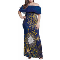 Personalised Nauru Family Matching Off Shoulder Maxi Dress and Hawaiian Shirt Hibiscus Polynesian Tribal Pattern DT05 Mom's Dress Navy - Polynesian Pride