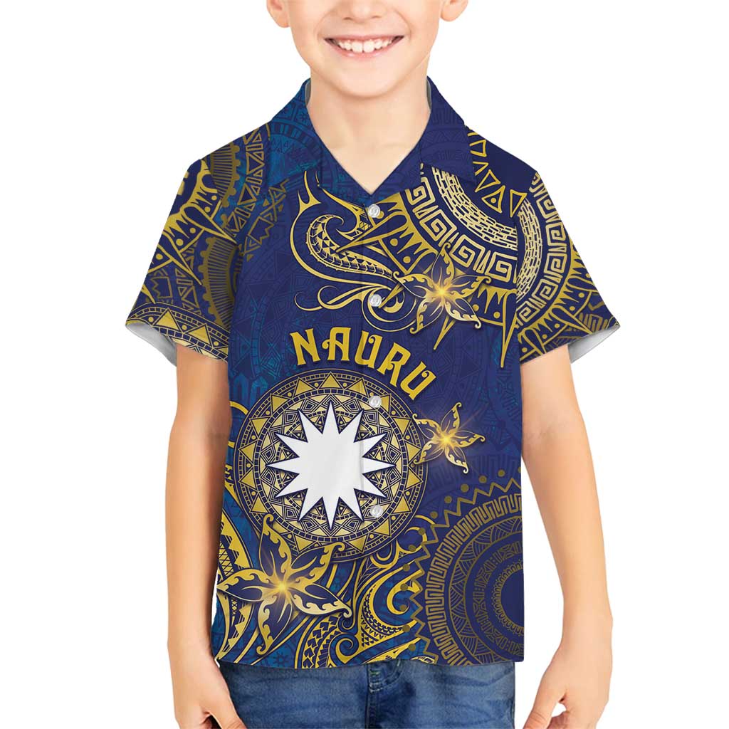 Personalised Nauru Family Matching Off Shoulder Maxi Dress and Hawaiian Shirt Hibiscus Polynesian Tribal Pattern DT05 Son's Shirt Navy - Polynesian Pride