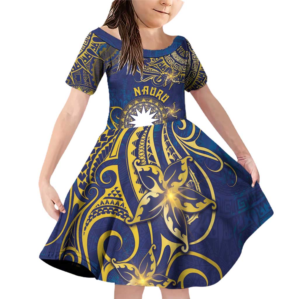 Personalised Nauru Family Matching Off Shoulder Short Dress and Hawaiian Shirt Hibiscus Polynesian Tribal Pattern DT05 Daughter's Dress Navy - Polynesian Pride